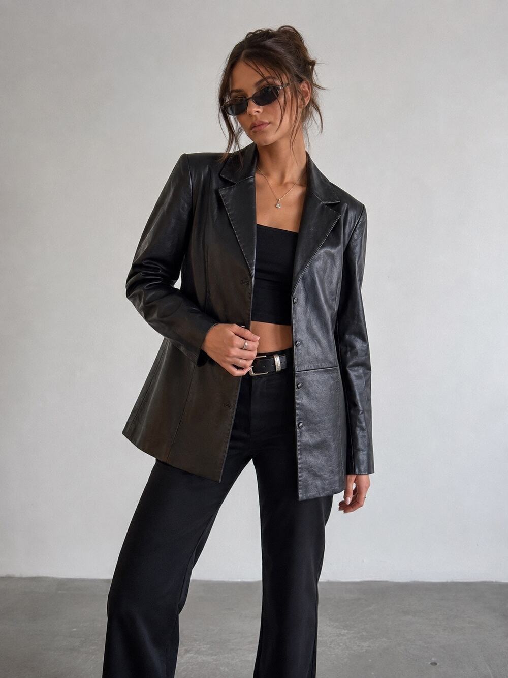 Vintage Y2K Mossimo Black Genuine Leather Blazer Jacket Womens XS Fitted